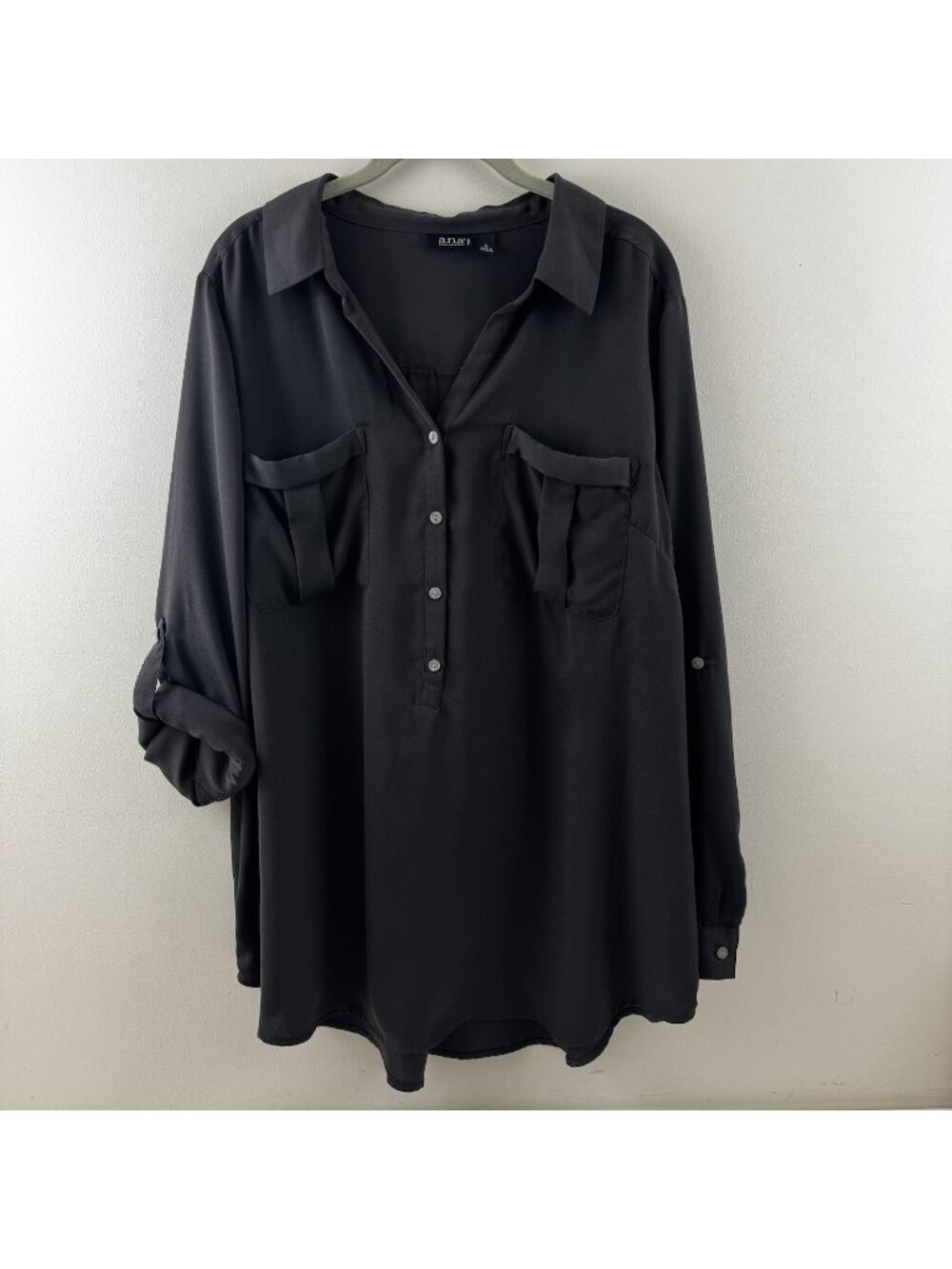 a.n.a A New Approach Shirt Womens 2X Dark Gray Button Down Roll Tab Long Sleeve